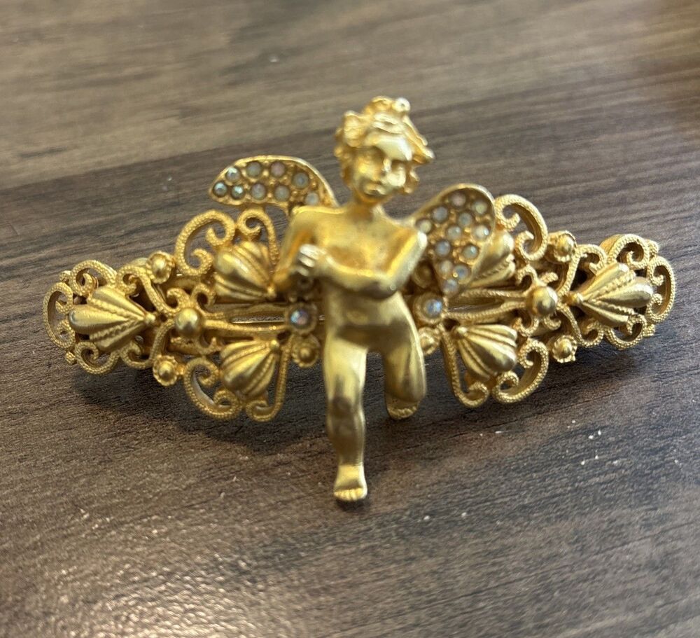 Kirks Folly 3.5" Angel Cherub Hair Barrette Clip Filigree Gold Tone Rhinestones